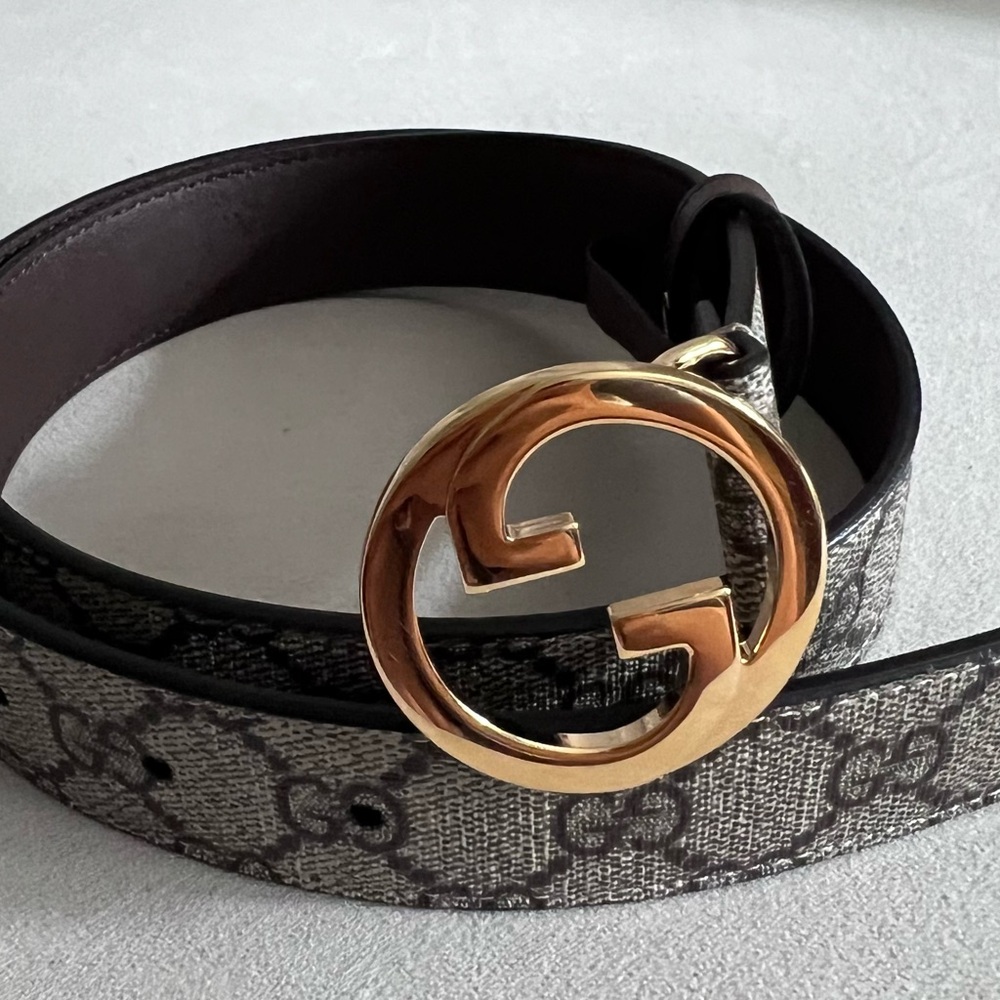 Gucci Brown GG Canvas Belt with Gold Double G Buckle (Monogram) - Picture 10 of 16